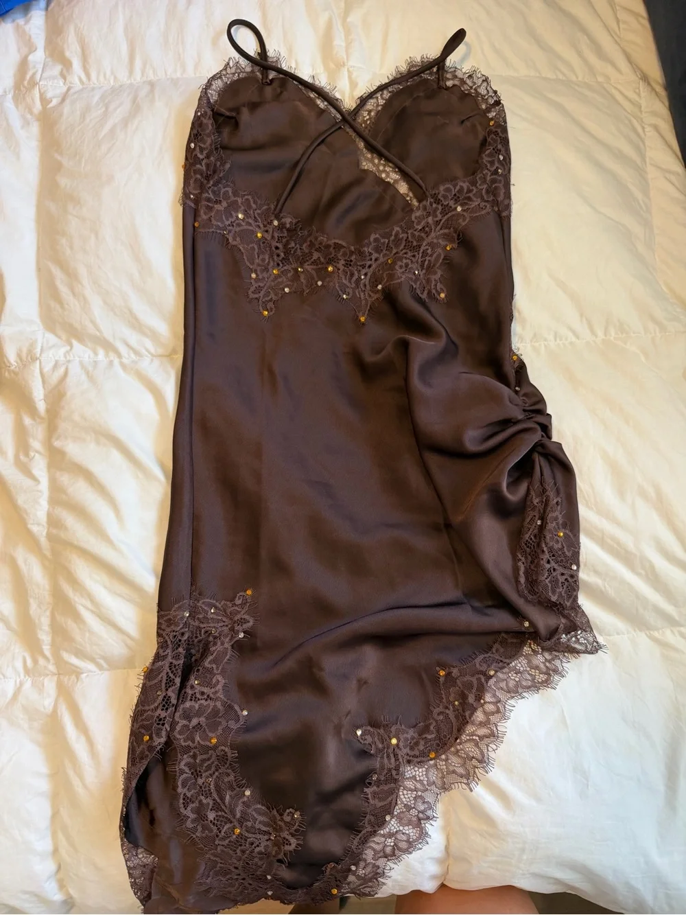 Lace-Trim Satin Chemise Slip Dress - Brown